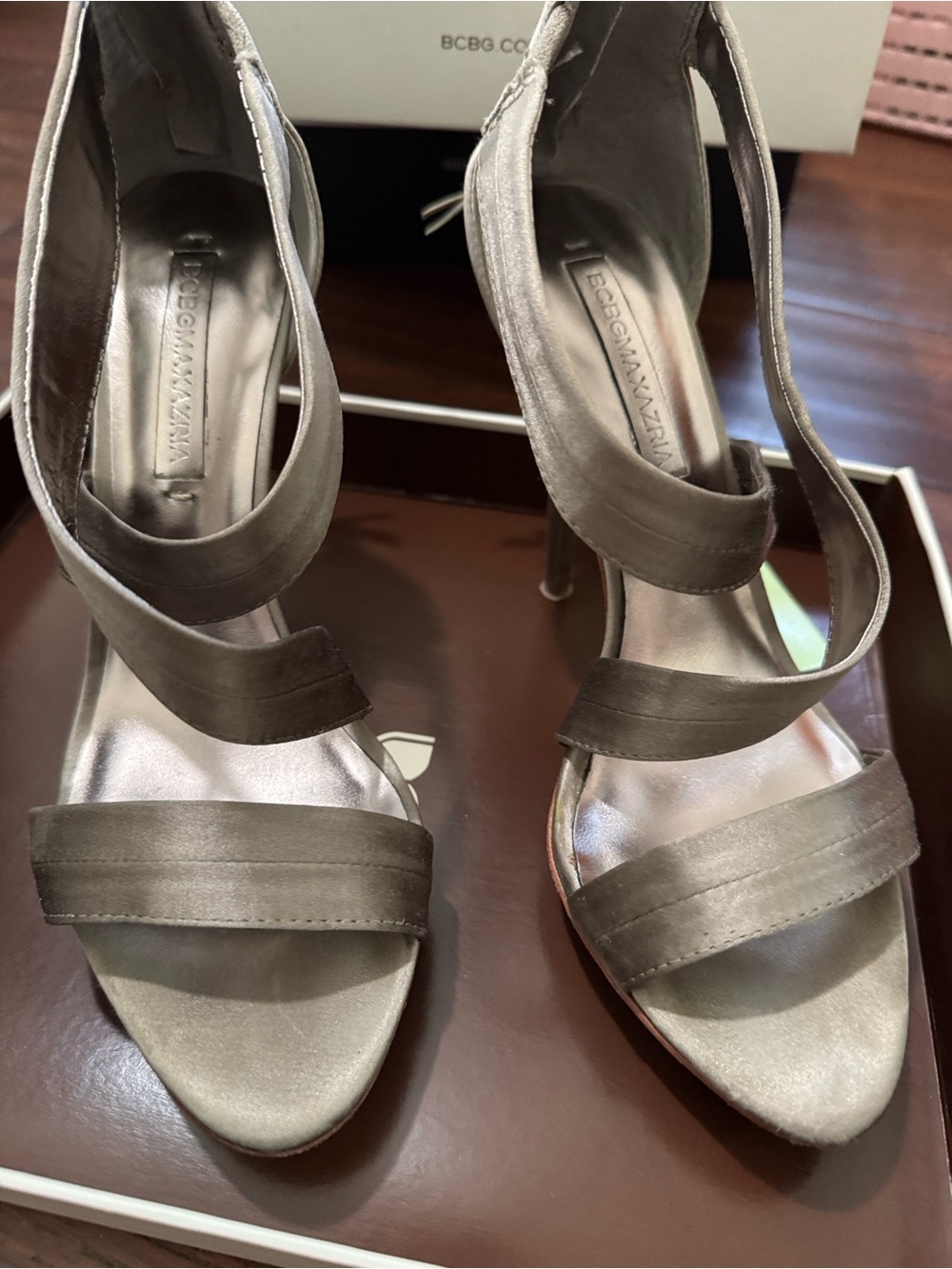 BCBGMaxAzria Taupe Multi-Strap Stiletto Sandals